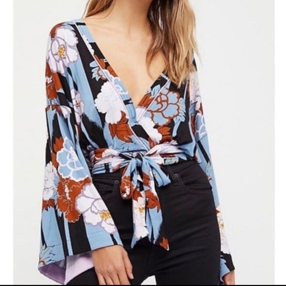 Free People That's A Wrap Slate Blue Floral Print Bell Sleeve Crop Top